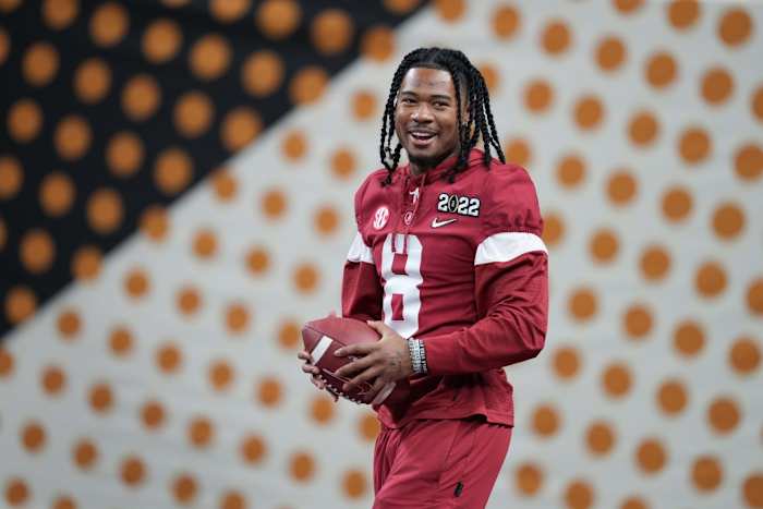 Jan 10, 2022; Indianapolis, IN, USA; Alabama Crimson Tide wide receiver John Metchie III (8) looks on before the 2022 CFP college football national championship game against the Georgia Bulldogs at Lucas Oil Stadium. Mandatory Credit: Kirby Lee-USA TODAY Sports